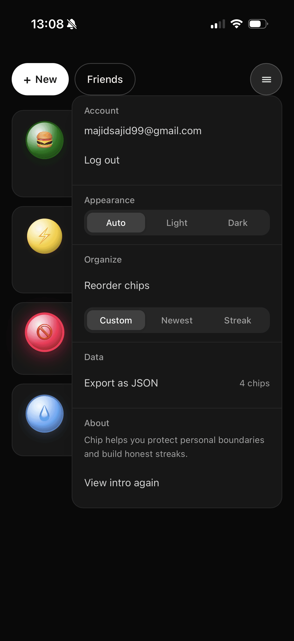 Home screen with menu open